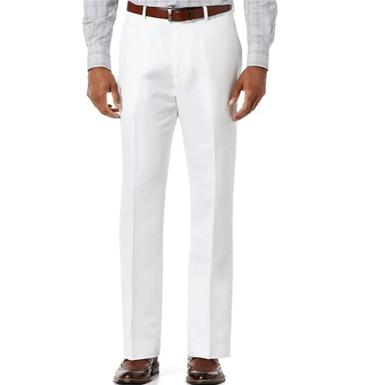 Men's beige white linen-cotton casual trousers with slant pockets laid flat.