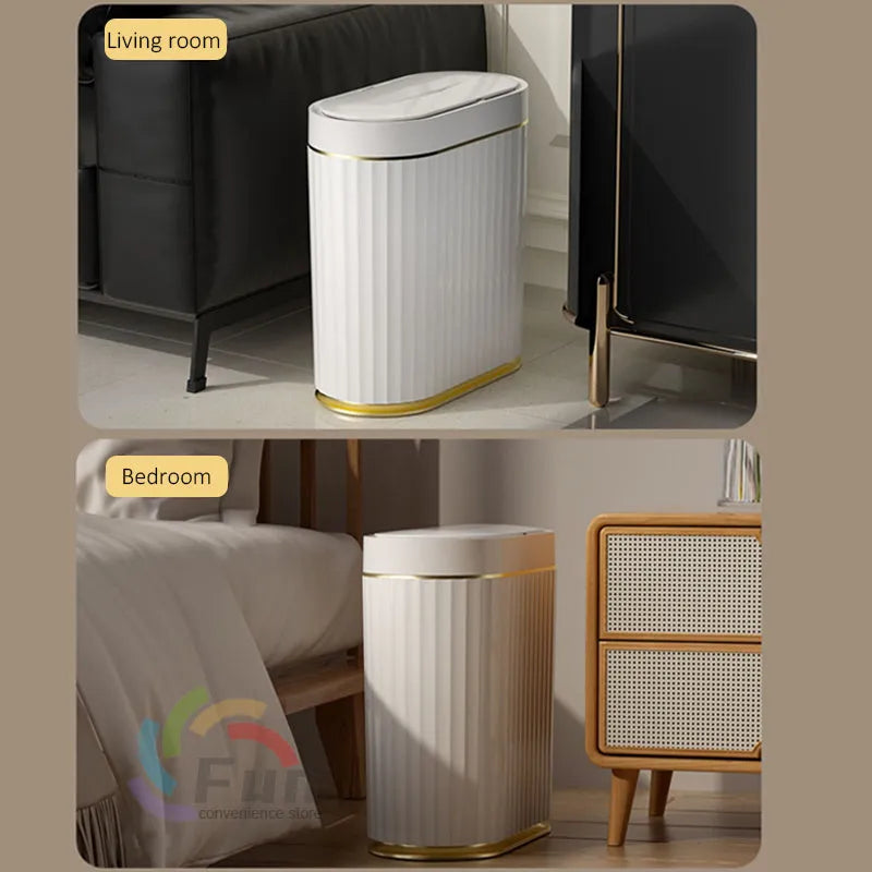 White smart induction trash can with automatic opening lid, shown in a kitchen setting.