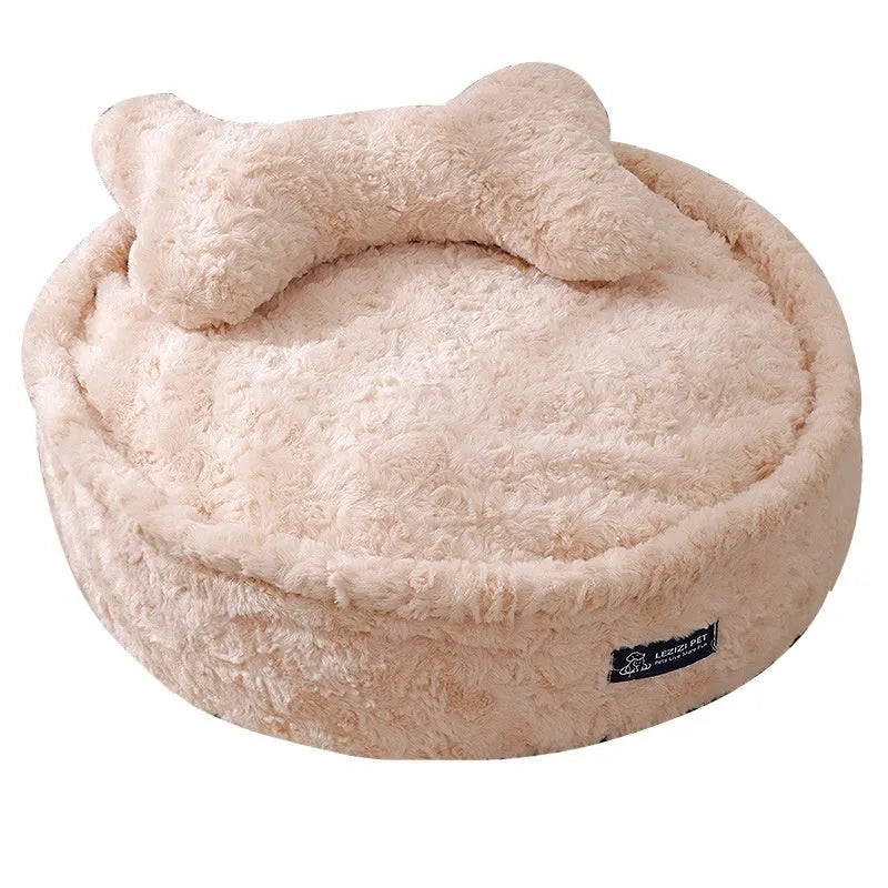 Round cloth pet bed in milk tea colour showing removable washable design for pet hygiene