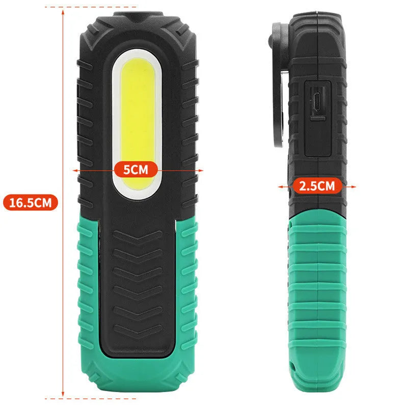 Black and green auto repair work light with PET coating and USB charging port for vehicle inspection
