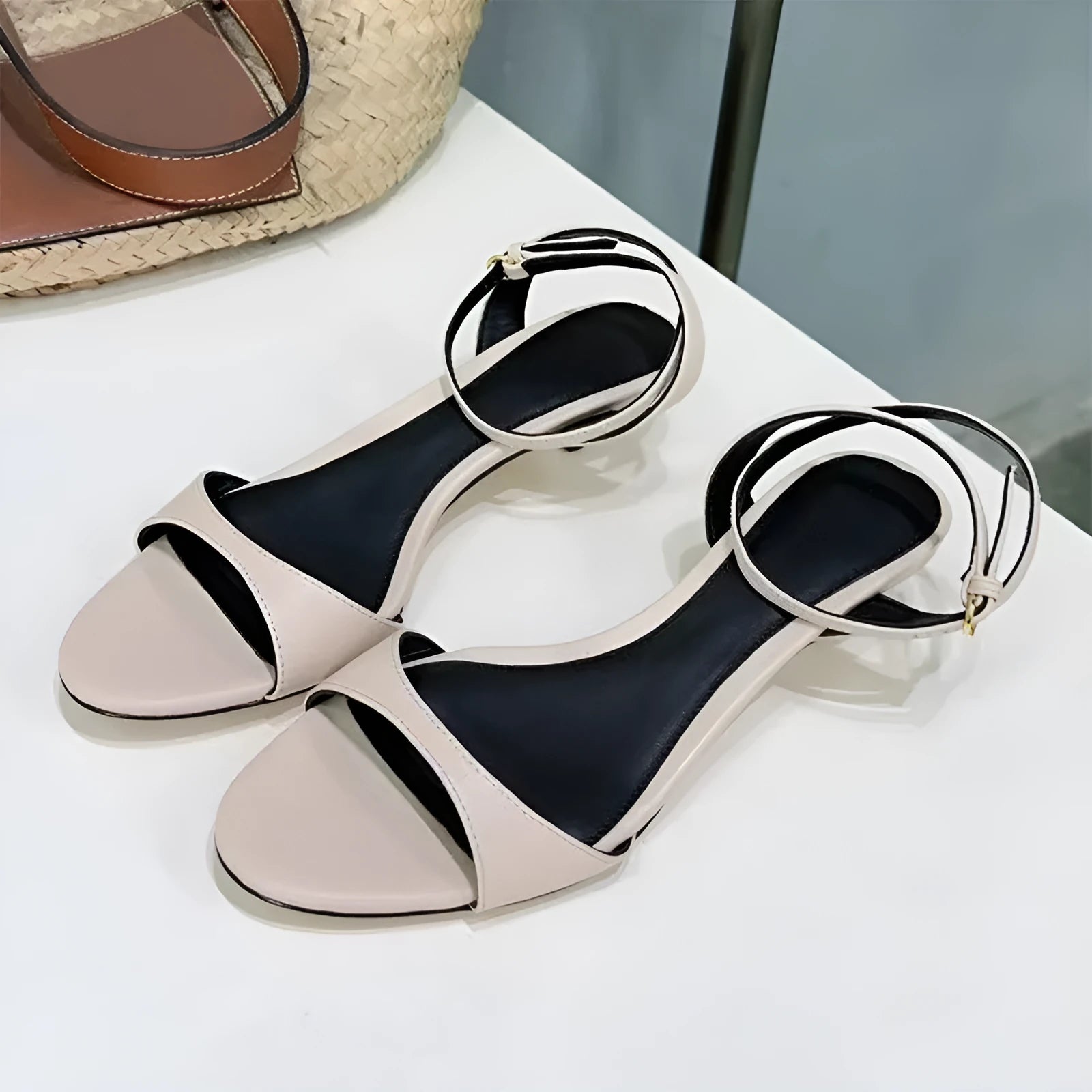 Women's retro leather open toe sandals with kitten heel and buckle fastening in multiple colour options