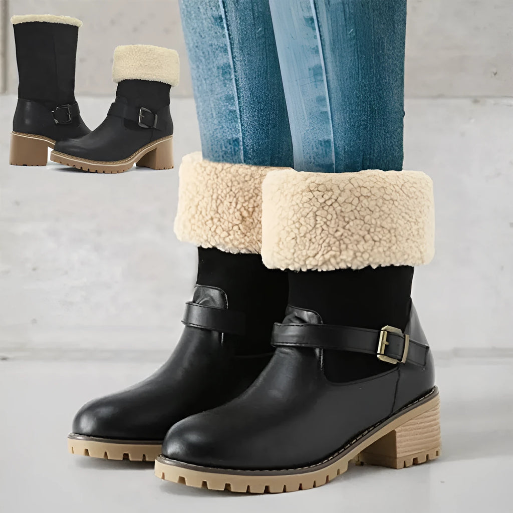 Women's fashion boots with buckle chunky heel round toe faux fur lined Western style in black coffee and light brown