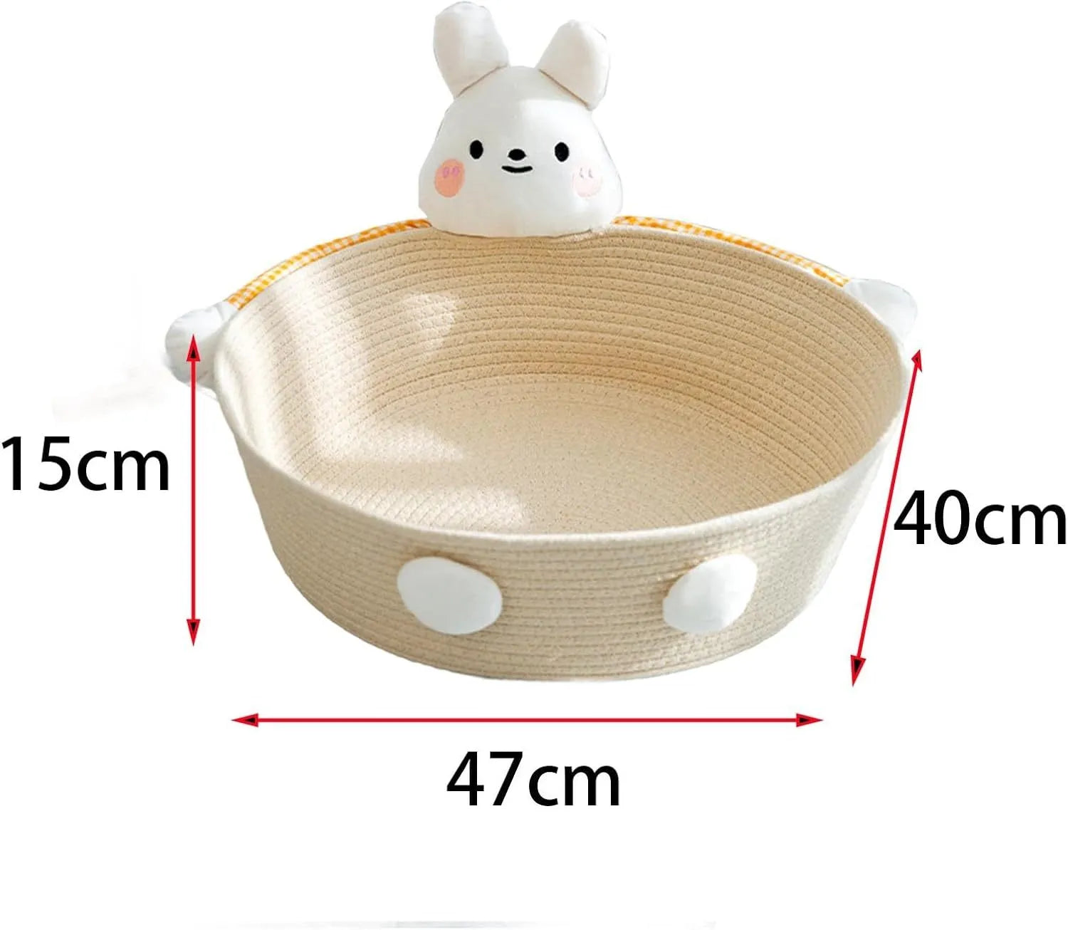 Woven cotton rope cat bed with scratching surface, shown with bear decoration in medium size.