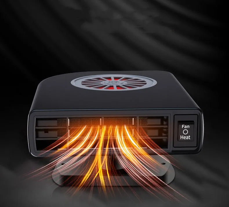 Black compact vehicle-mounted heater with adjustable vents on a car dashboard.