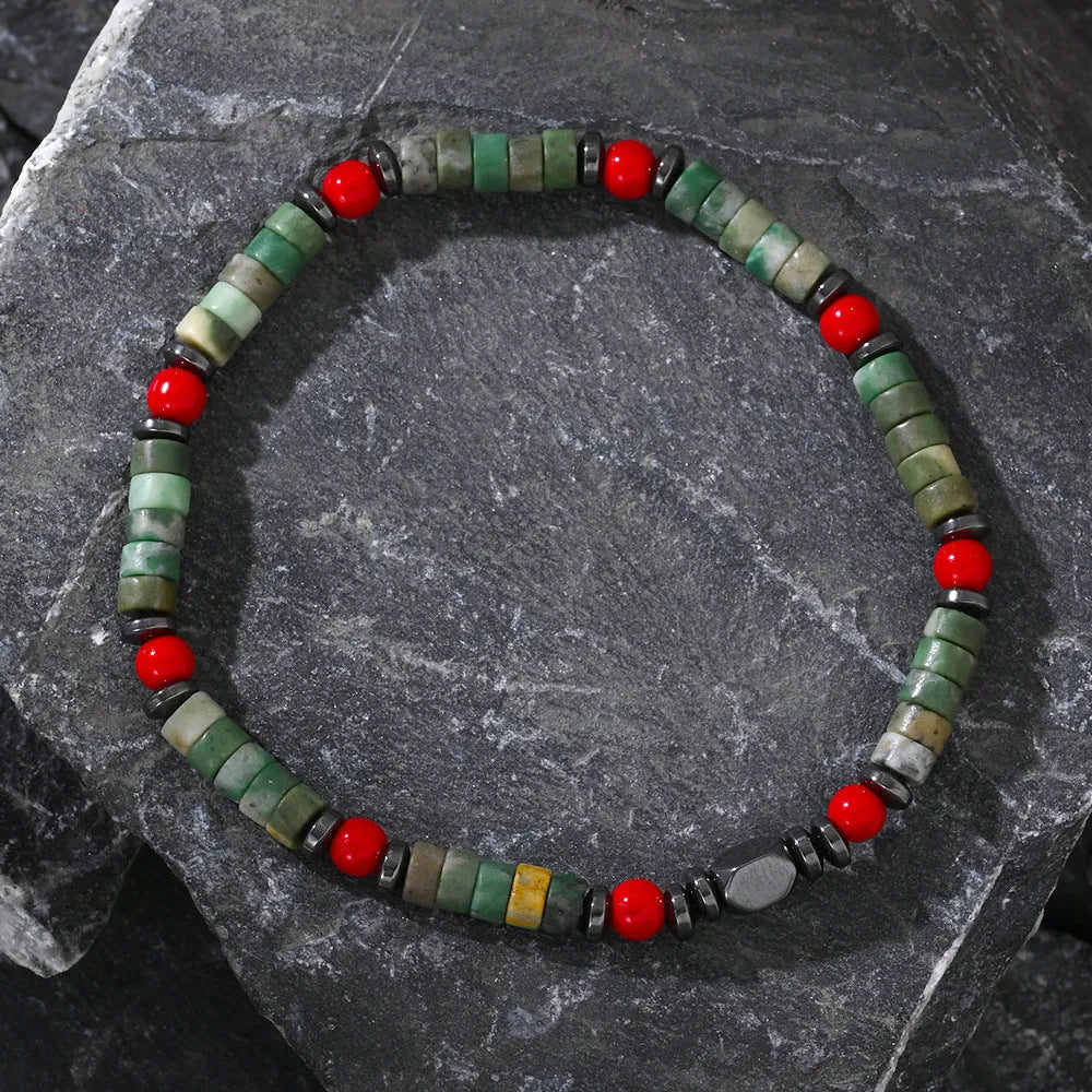 Bohemian men's bracelet with cylindrical natural stone beads on a woven string.
