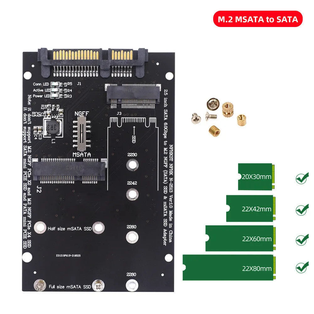 SATA3 to M.2 NGFF mSATA SSD adapter conversion card on a blue background.