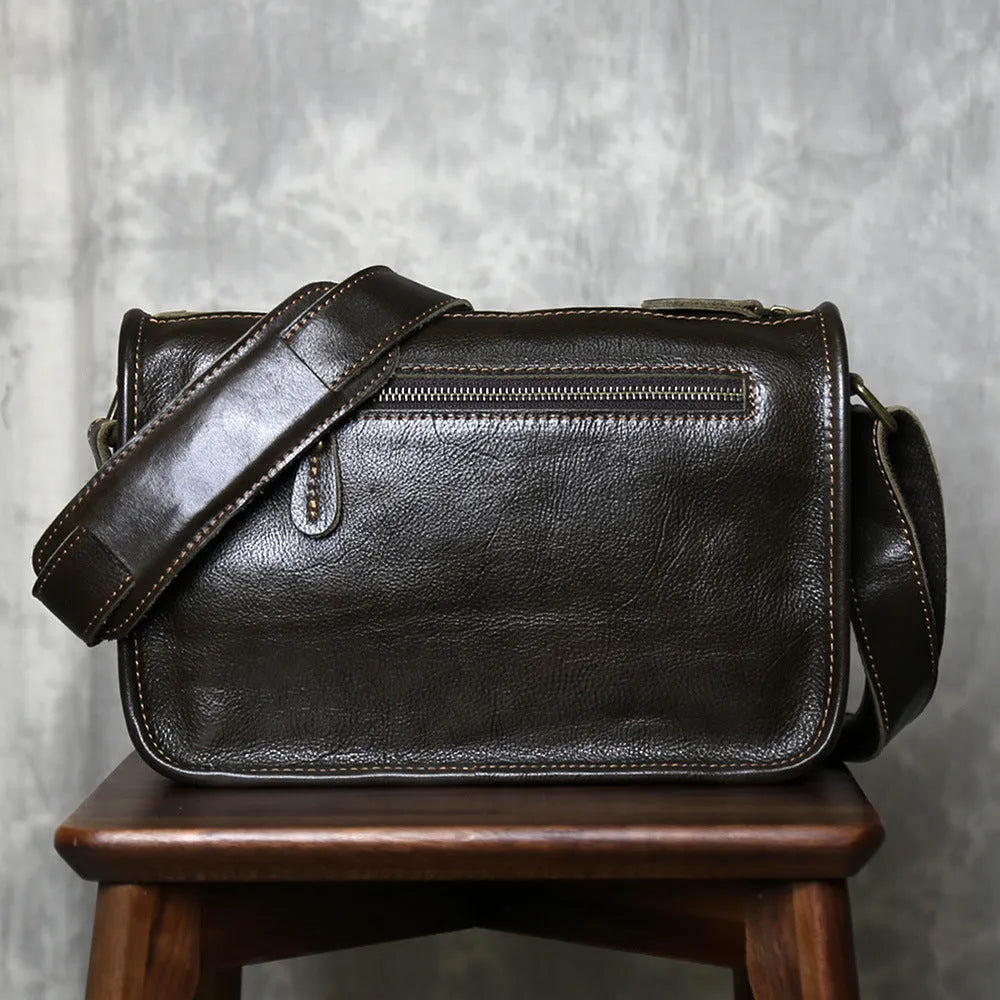 Men's genuine leather crossbody shoulder bag in olive green with patchwork design