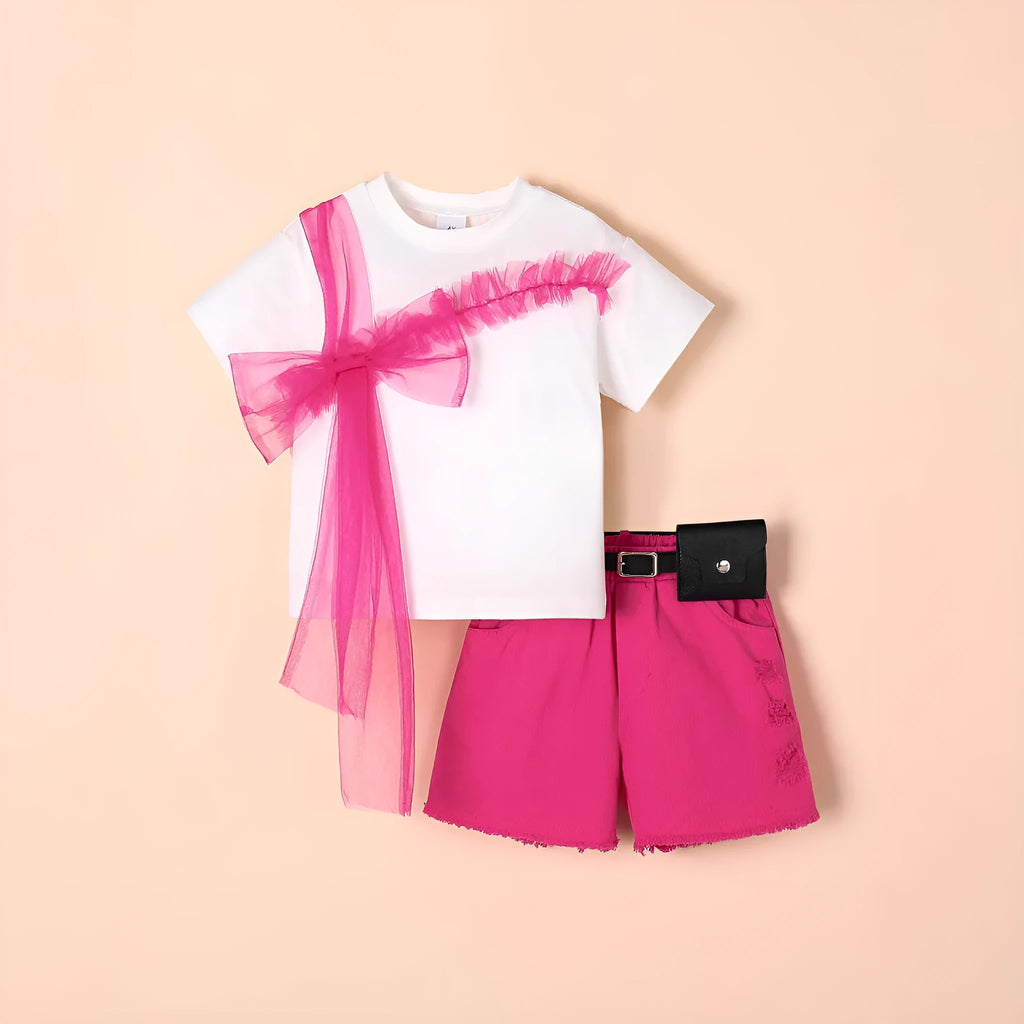 Girls rose red short-sleeved T-shirt with denim shorts and belt outfit set for 4Y to 7Y