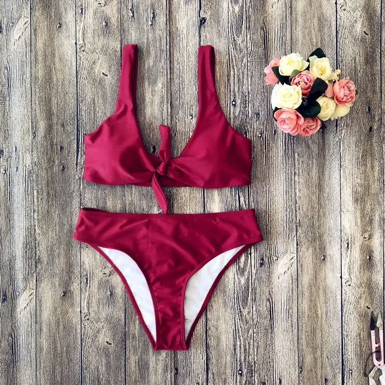 Women's solid colour bikini set in polyester with high-cut briefs, shown in wine red.
