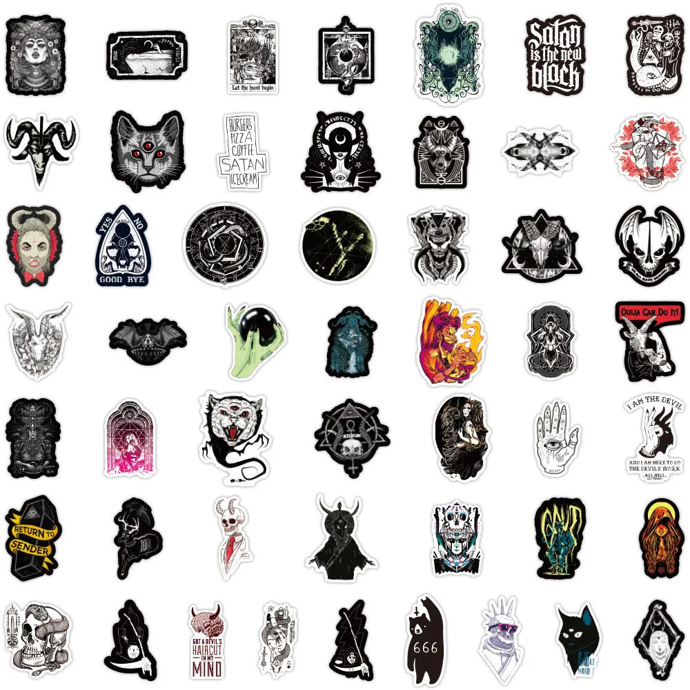 50 black and white gothic devil punk graffiti stickers on PVC matte waterproof film, 7cm each