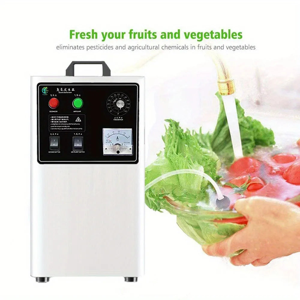 White and stainless steel ozone generator for treating fruits and vegetables, showing air-cooled vents.