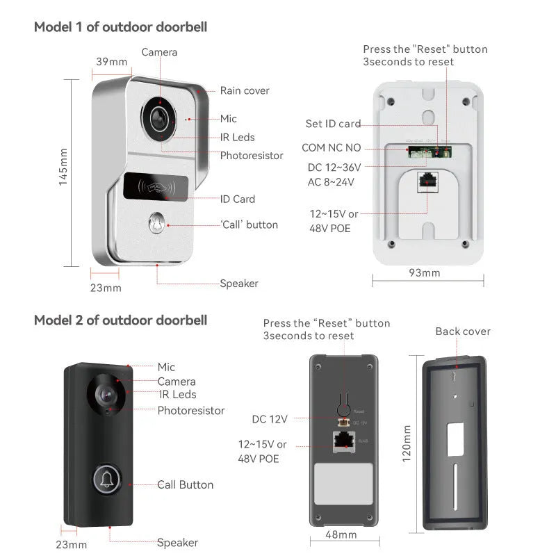 Wireless video intercom doorbell system with 1080P camera, outdoor unit, and indoor display station