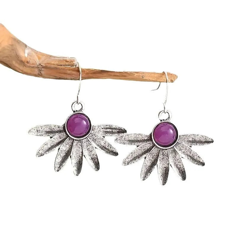 Purple resin flower earrings with alloy animal zodiac detailing in bohemian retro style