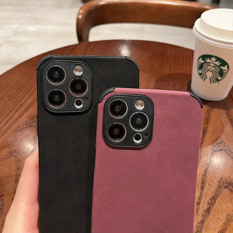 Simple solid colour fur phone case in black for iPhone, imitation leather texture with slim design