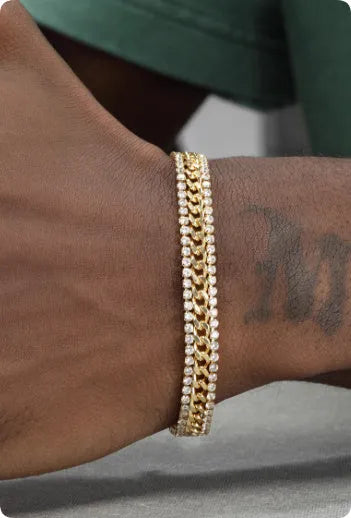 Gold hip hop style unisex tennis bracelet made from titanium steel with gemstone inlays.