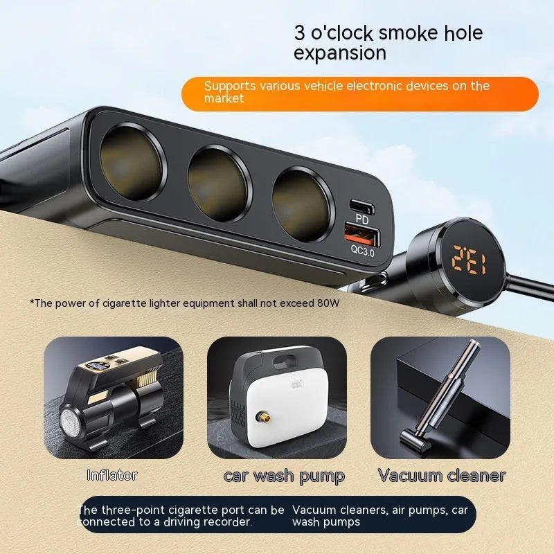 C28 black car cigarette lighter charger with USB 3.0 and PD ports showing 116mm body