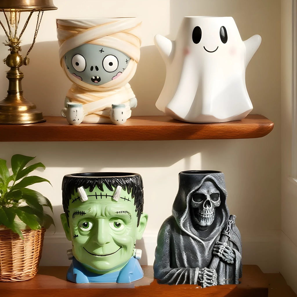 Hand-painted Halloween resin flower pot decorations in four horror character designs