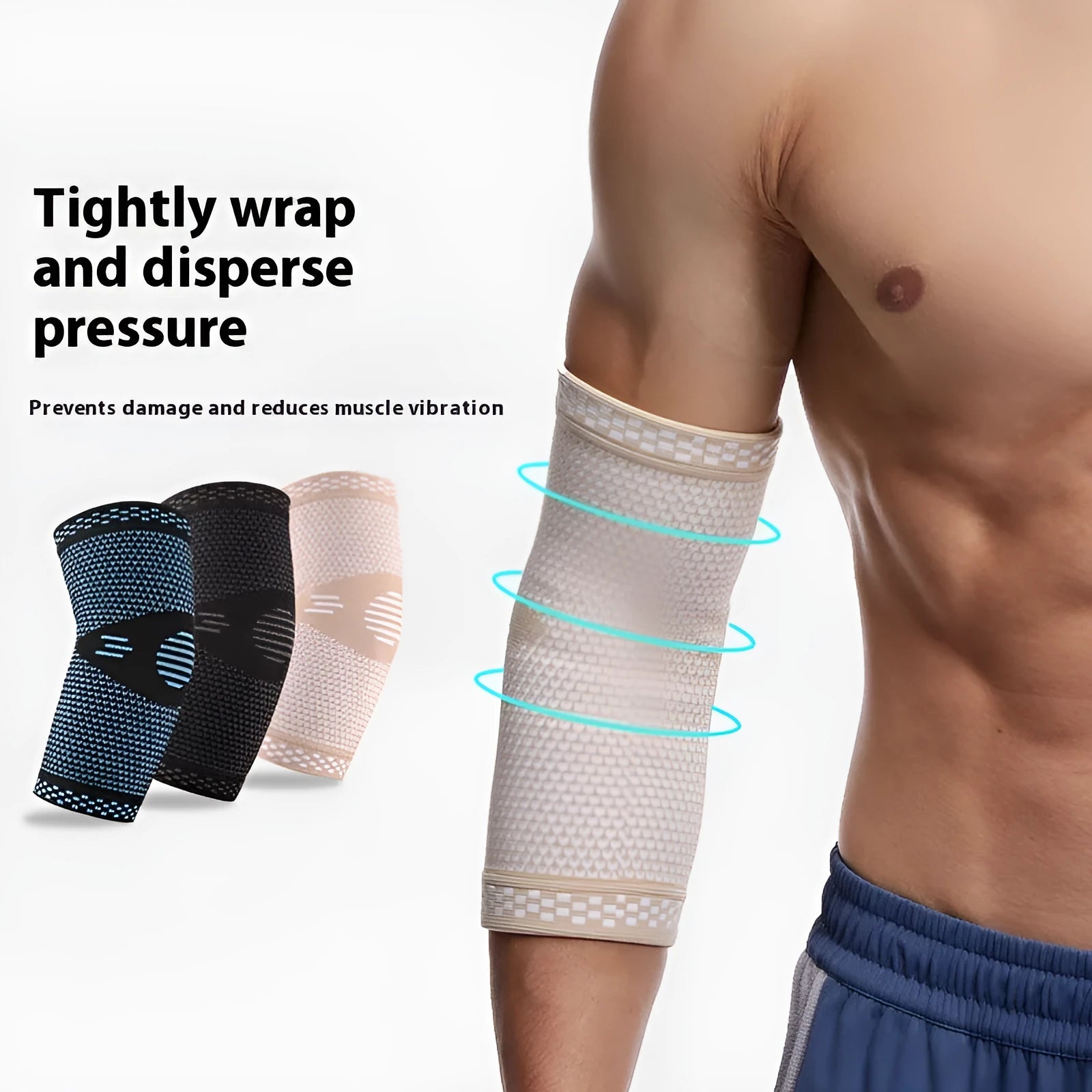Knitted nylon elbow guard in black and blue colour, breathable sports compression support for basketball
