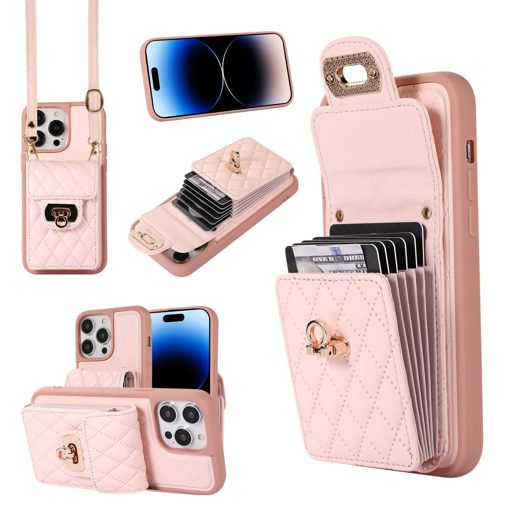 Back cover phone case with card holder and bracket in leather style for iPhone models