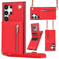 Black leather crossbody phone case with card slots showing Samsung Galaxy phone compatibility