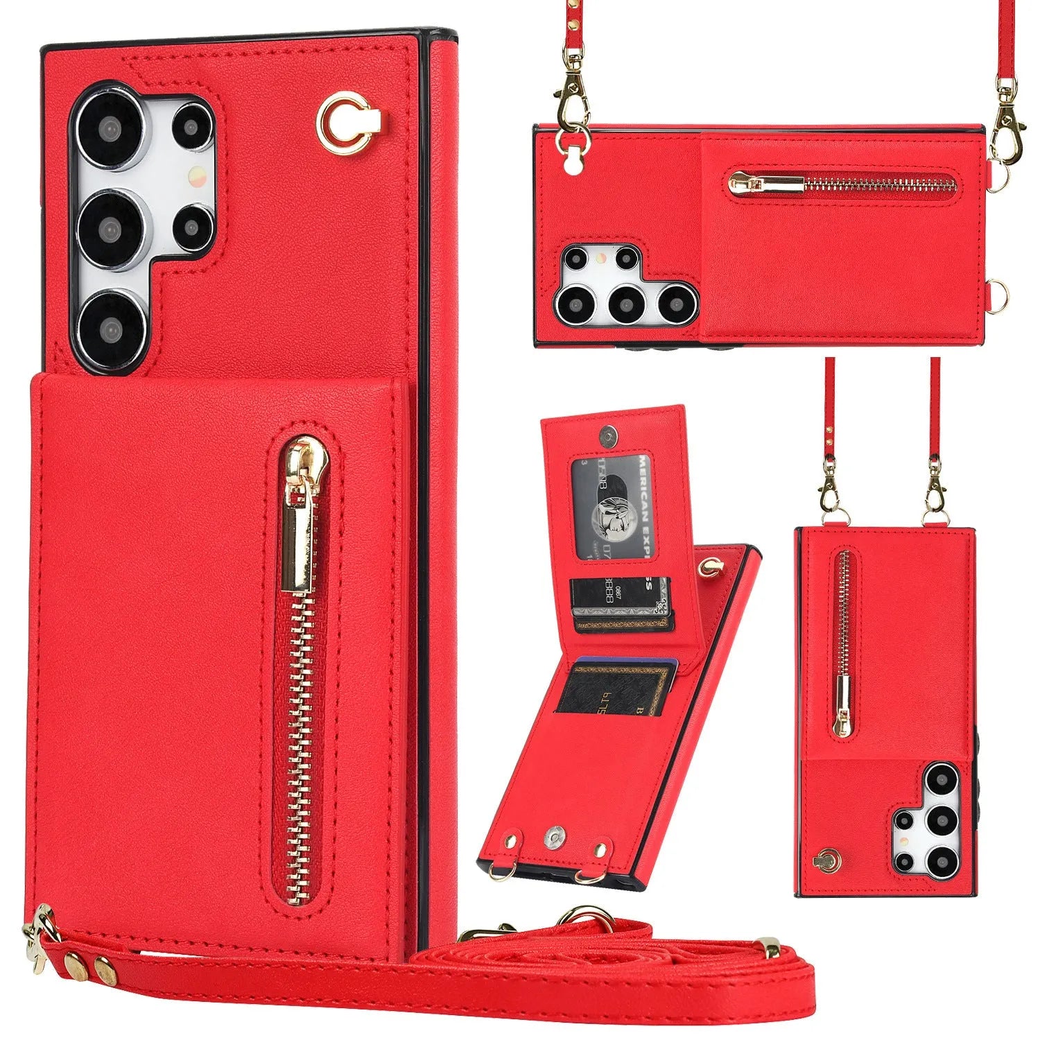 Black leather crossbody phone case with card slots showing Samsung Galaxy phone compatibility