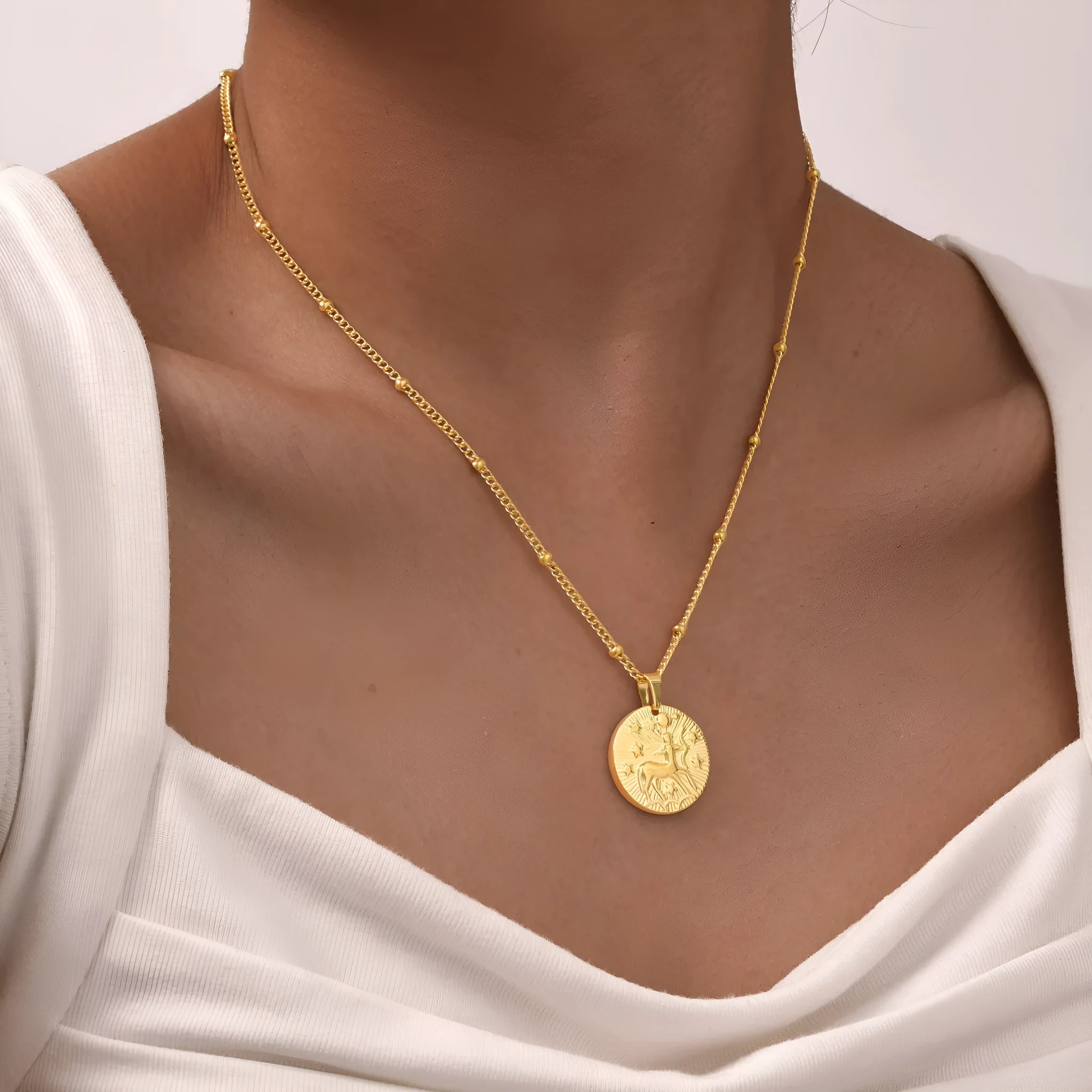 Stainless steel zodiac necklace with cross chain design and embossed constellation pendant