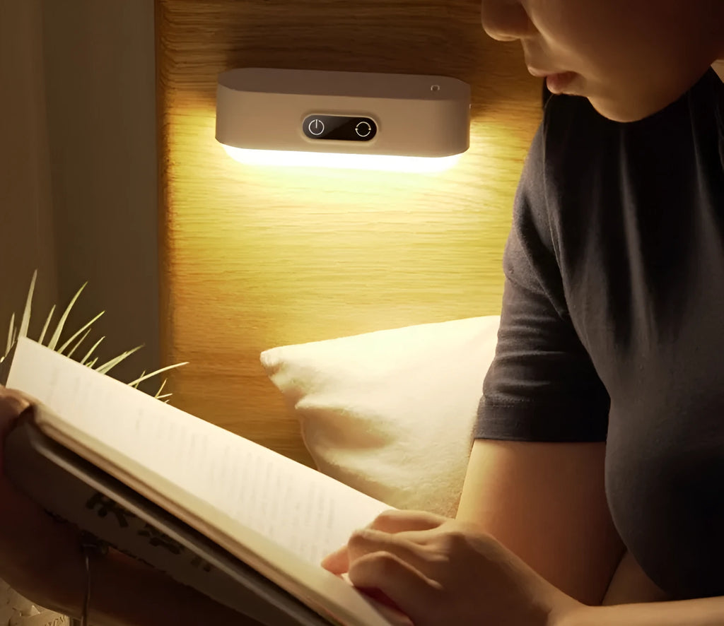 White magnetic USB rechargeable LED night light with touch controls mounted on study cabinet