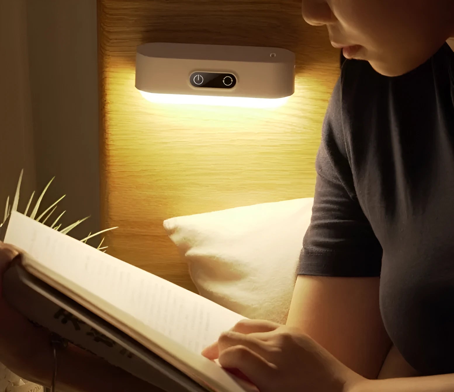 White magnetic USB rechargeable LED night light with touch controls mounted on study cabinet