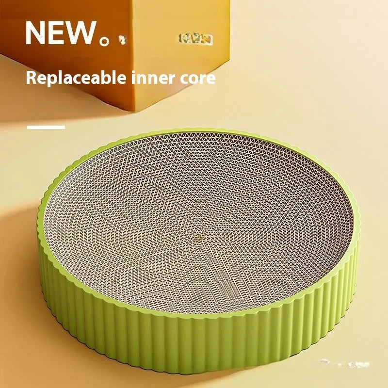 Round green or white cat scratching board nest with replaceable corrugated cardboard centre, 55 cm diameter.