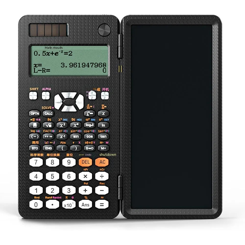 Black 2 in 1 foldable scientific calculator with handwriting LCD notepad on a desk