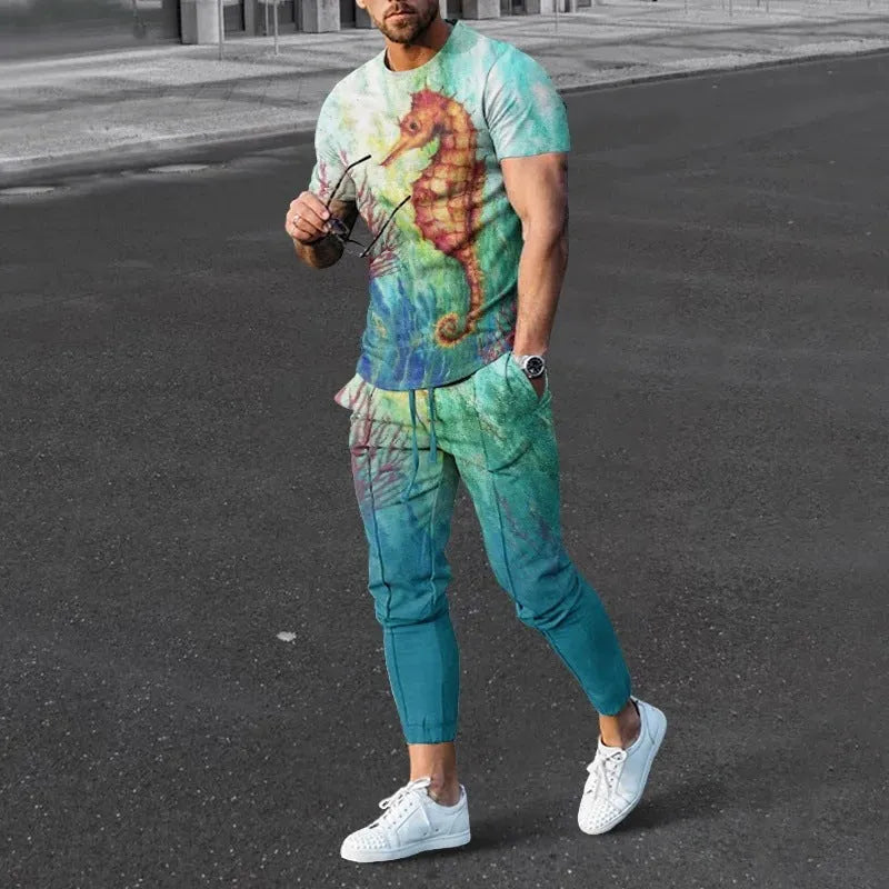 Men's short-sleeve printed tracksuit set with round neck pullover and matching trousers in polyester blend fabric