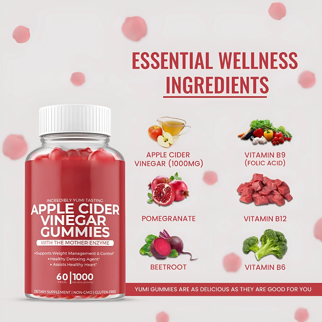 Bottle of apple cider vinegar gummy supplements containing 60 tablets for adult nutritional use