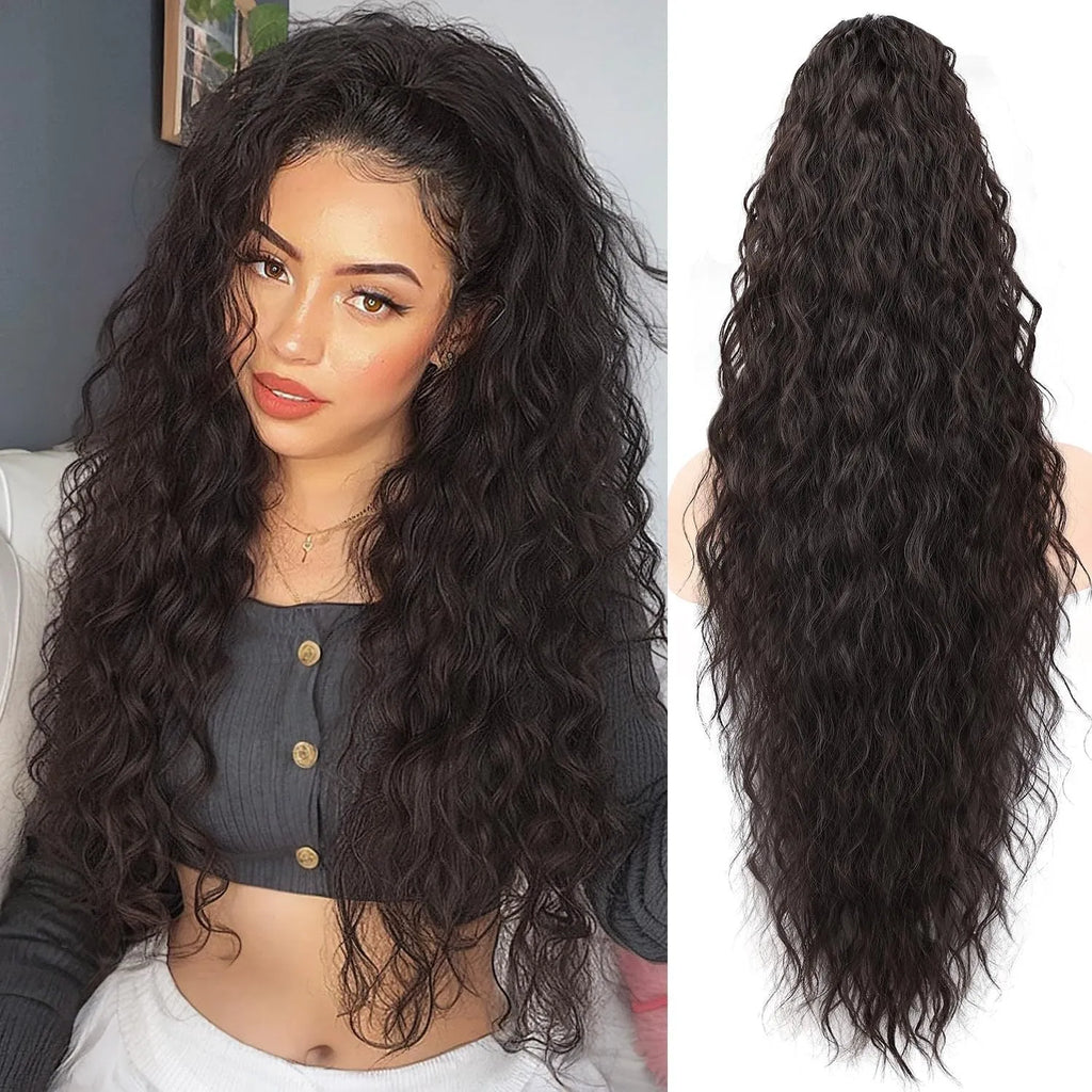 Long curly synthetic ponytail wig in various colours, showing 30-inch length and fluffy texture.