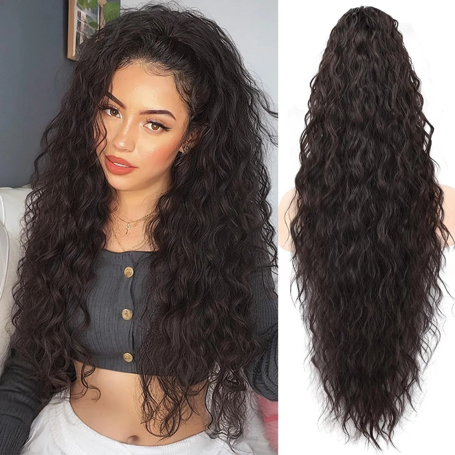 Long curly synthetic ponytail wig in various colours, showing 30-inch length and fluffy texture.