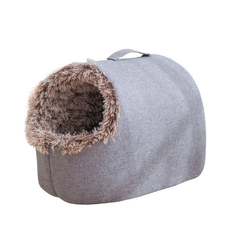 Fleece-lined cat nest closed sleeping bag in coffee brown or grey colour, shown with dimensions 40x30x28cm or 50x40x34cm