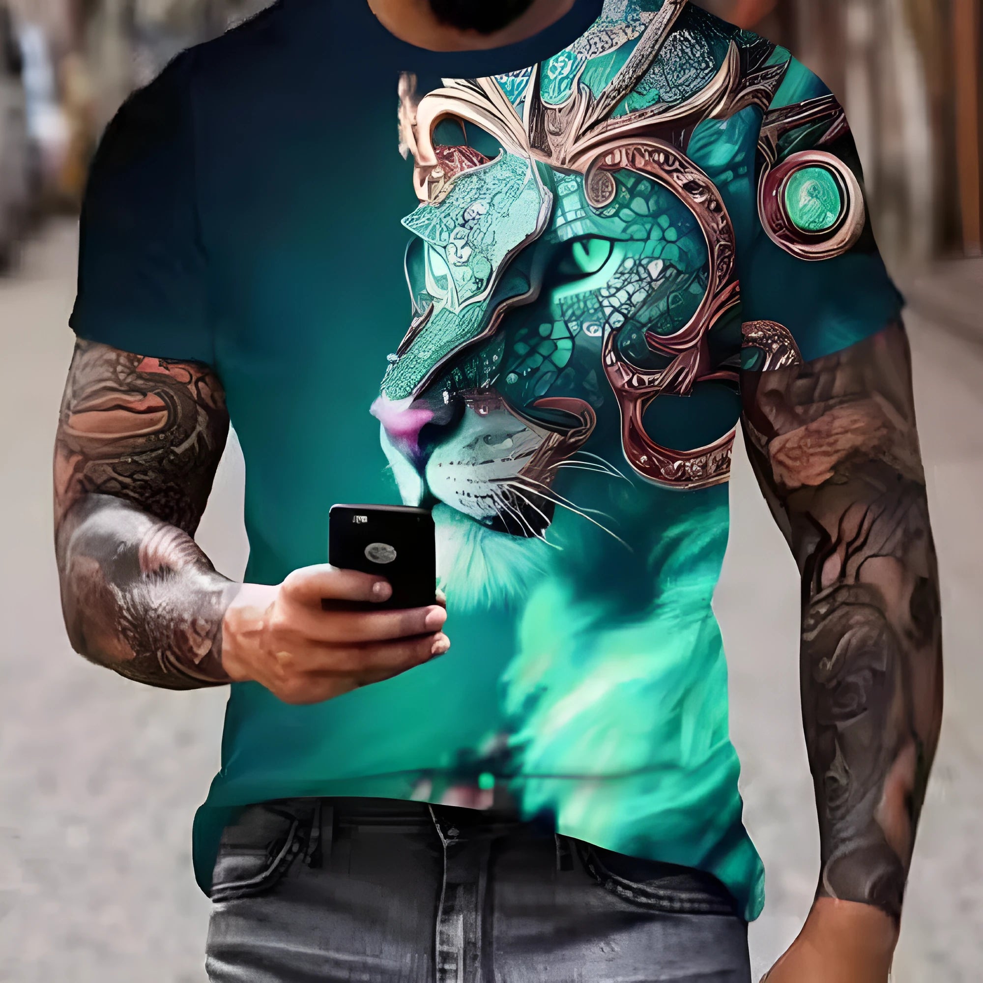 Men's black t-shirt featuring a fierce lion face with raised 3D graphic print.
