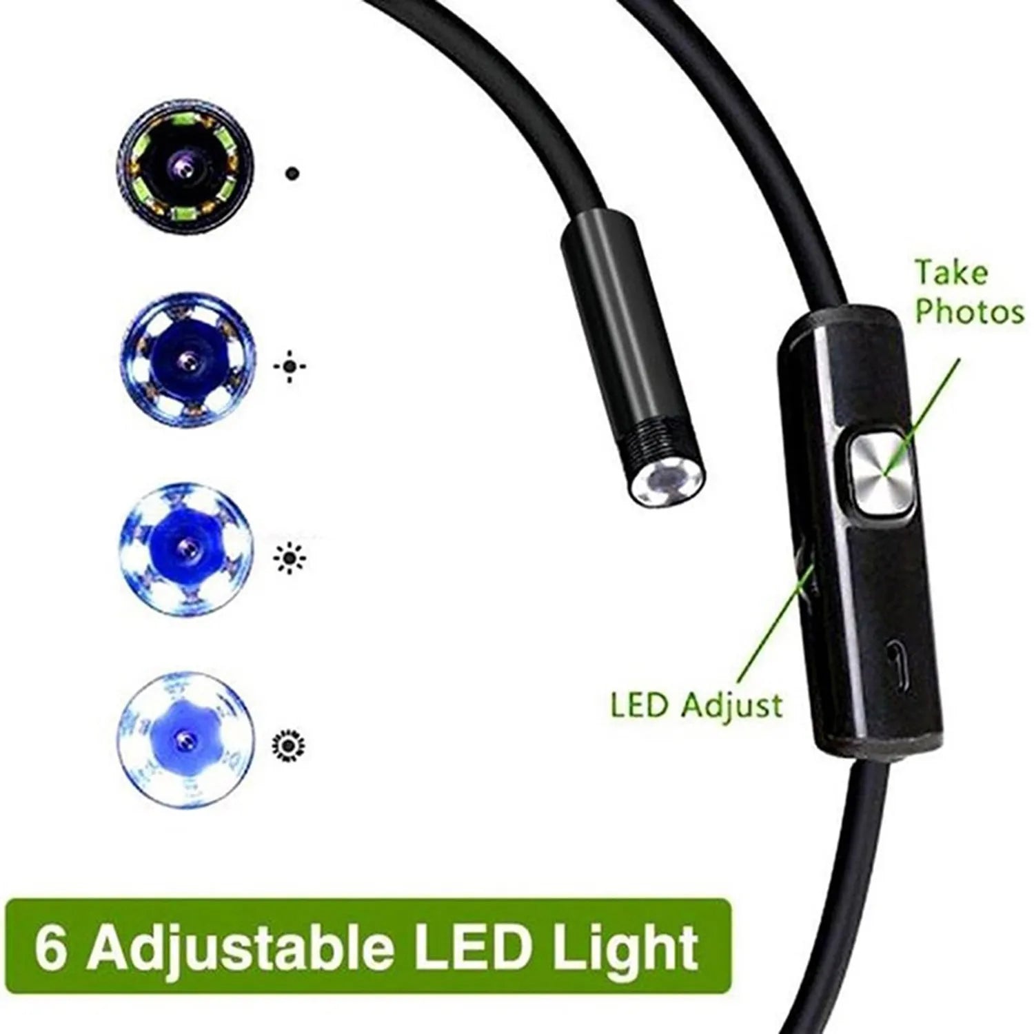 Android phone connected to a flexible endoscope camera with hook, magnet, and mirror attachments on a table.