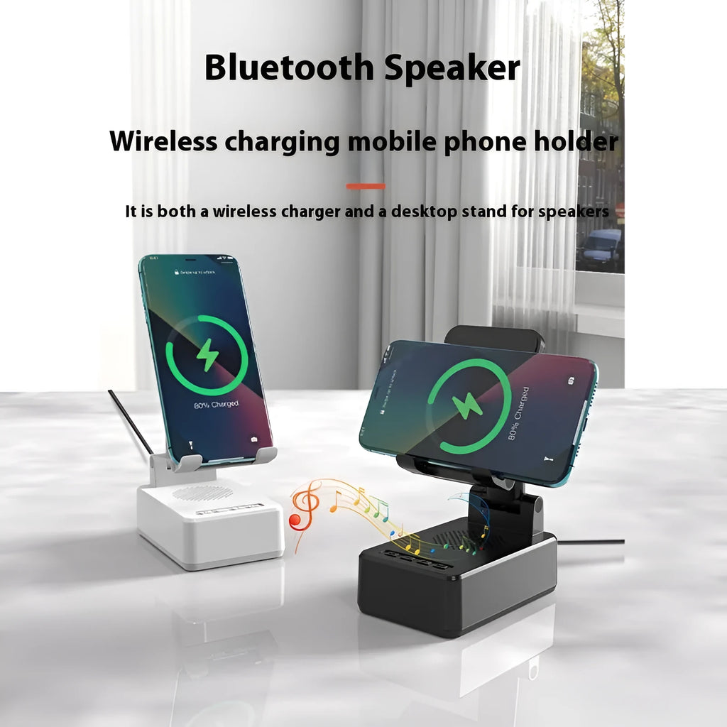 Creative three-in-one wireless charging mobile phone holder stand in black plastic, upright design, 15W or 5W models
