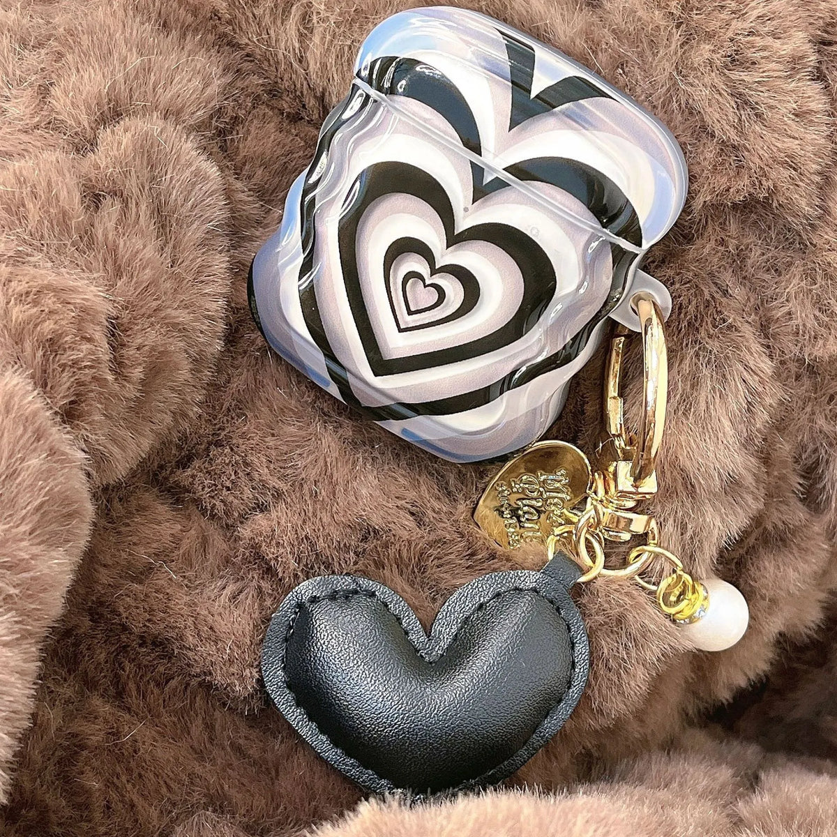 Black stacked heart silicone earphone case for AirPods with pendant, compatible with AirPods 1, 2, 3, Pro and Pro 2
