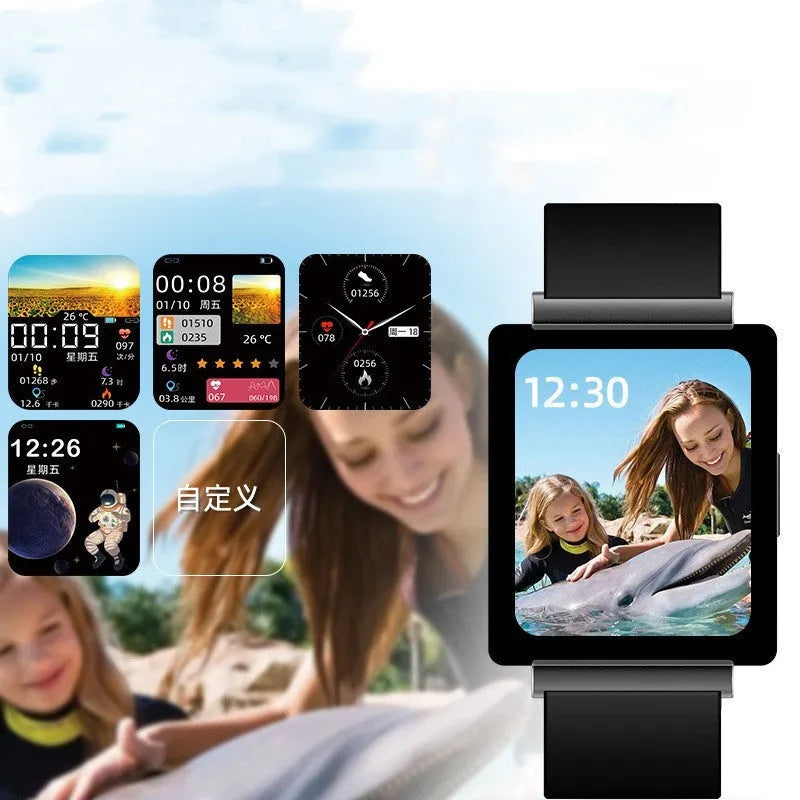 Smart watch with carbon fiber case, black TPU strap, and health monitoring, size 50mm by 36mm