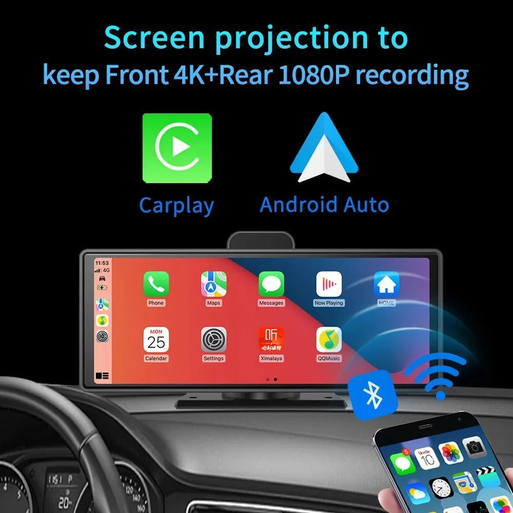 R33 12-inch touchscreen dual dash cam mounted on car windscreen showing front and rear camera split-screen view.
