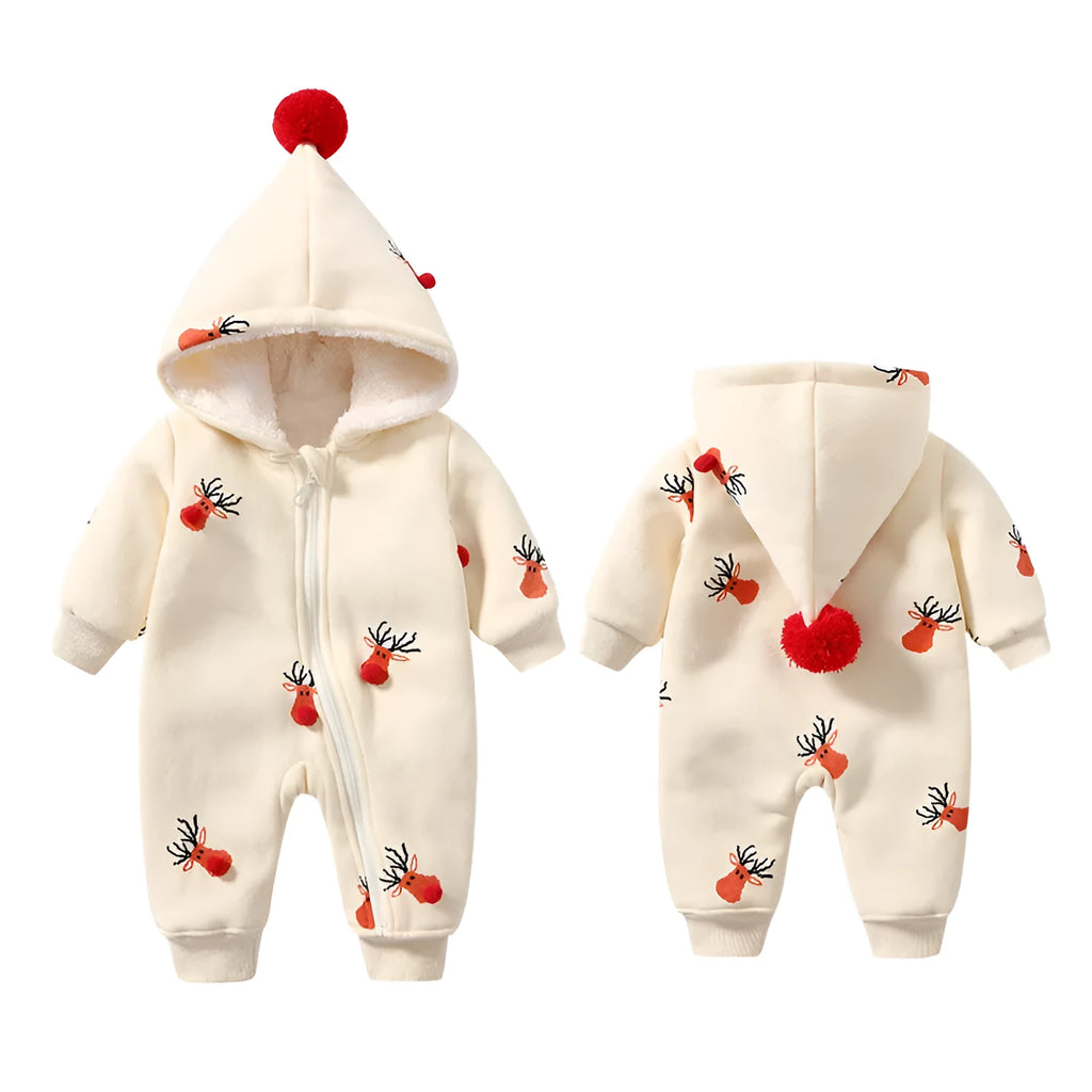 Khaki baby crawling suit with padding, featuring a Christmas moose pattern, shown on a size chart.