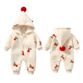 Khaki baby crawling suit with padding, featuring a Christmas moose pattern, shown on a size chart.