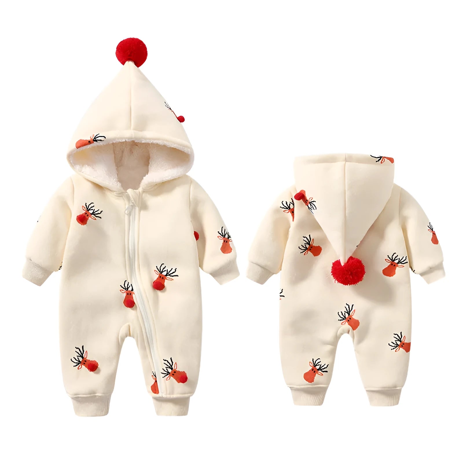 Khaki baby crawling suit with padding, featuring a Christmas moose pattern, shown on a size chart.
