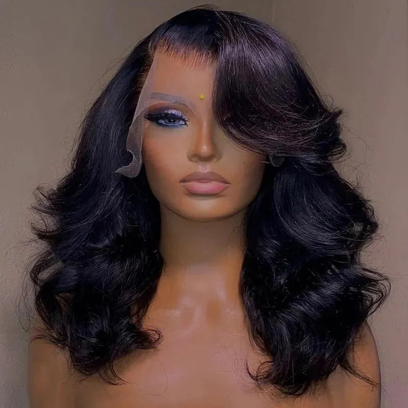Women's black human hair lace front wig with natural hairline and elastic band on mannequin head