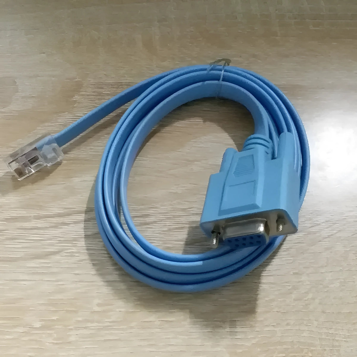 Sky blue 1.5m RJ45 to RS232 serial console cable with copper 28AWG 8C flat wire and 9-pin female connector