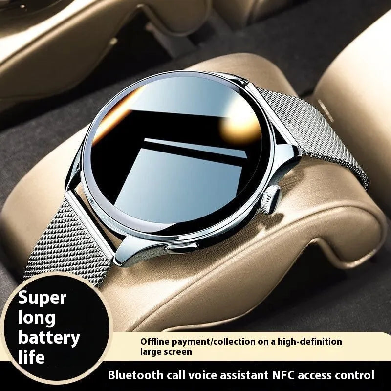 Multifunction smart watch with Bluetooth calling, heart rate and blood pressure monitoring, TFT screen, and choice of steel or leather style
