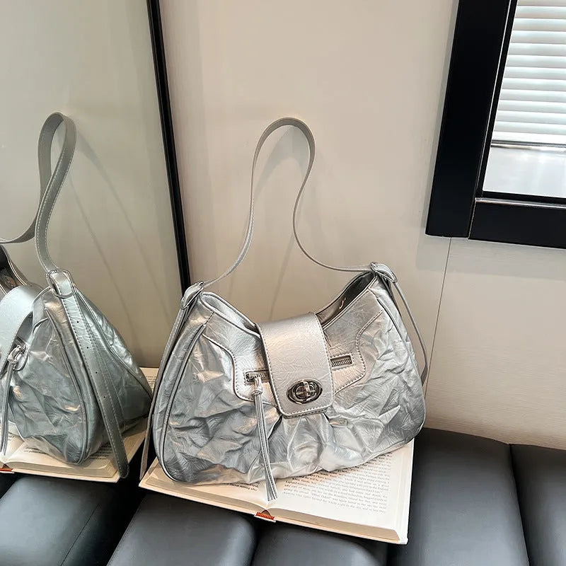 Women's PU crossbody bag, horizontal square, 30cm x 26cm x 13cm, single strap, black silver or white.