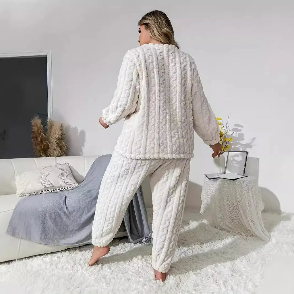 Women's creamy white plush polyester two-piece set with crew neck top and full-length trousers