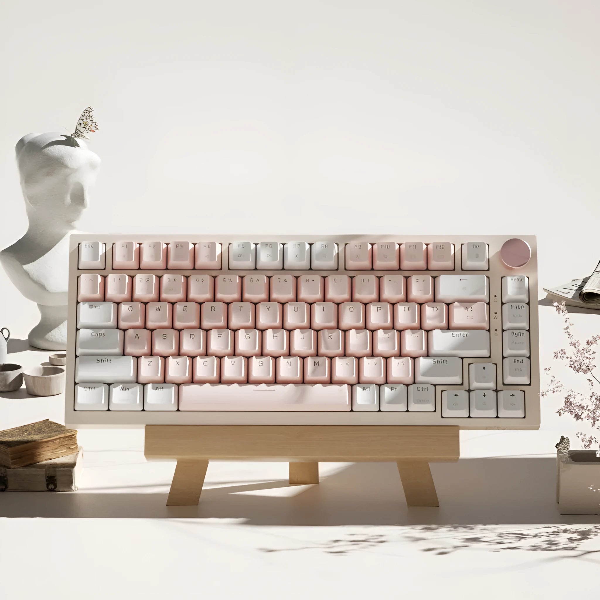 Creative Color Tulip White Mixed Light Green Axis Wired Keyboard on desk